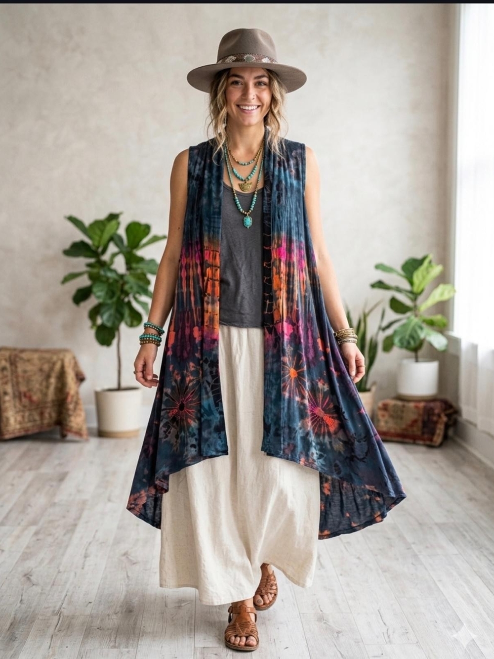Mudmee Tie Dye Duster Vest Kimono Open Front Boho Festival Maxi Cardigan